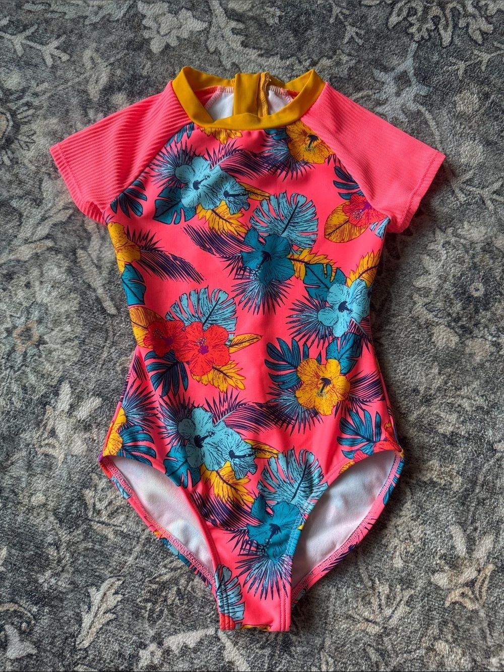 Girls' Art Class Pink Tropical Short-Sleeve One-Piece Swimsuit